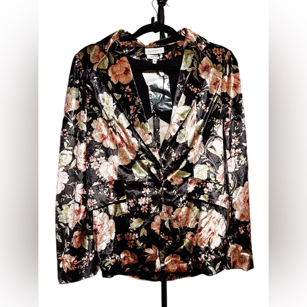 Anatomie Black Velvet Floral Blazer with Pink and Green Accents
